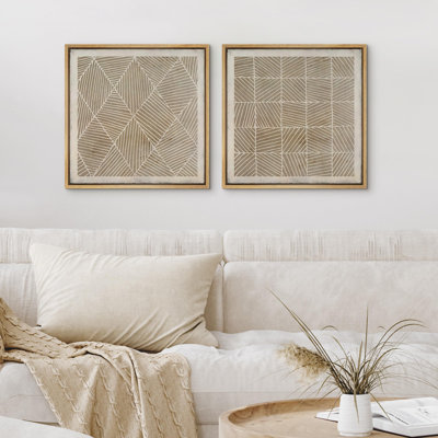 Linear Geometry " Brown Geometric Line Neutral Tone Abstract Patterns Modern Art Nordic " 2 - Pieces