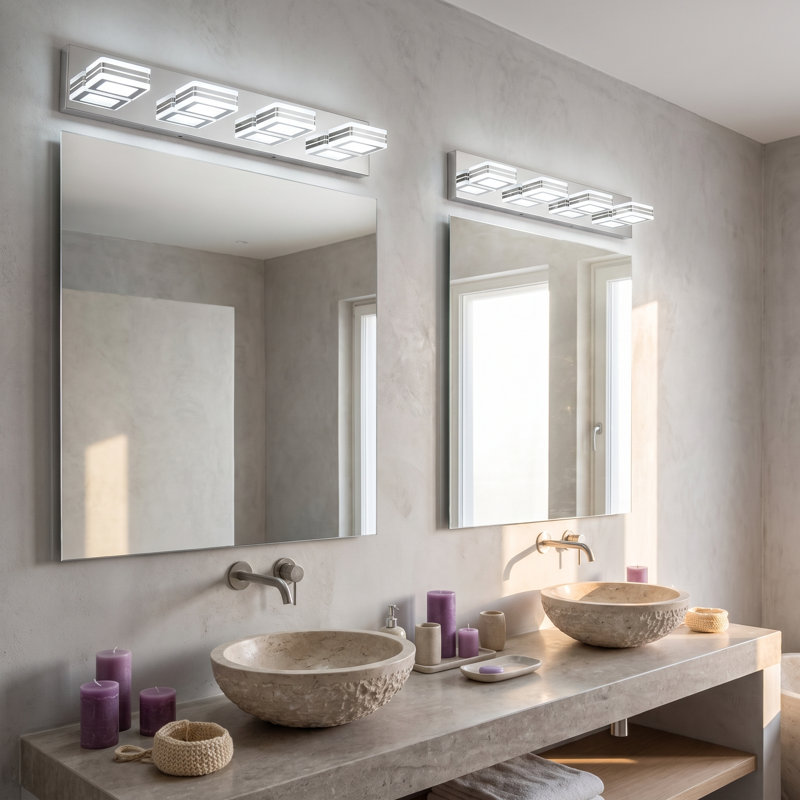 Applique murale moderne de salle de bain à DEL, 4 lumières, fini chrome poli, 66 cm (26 po), à placer au-dessus d'un miroir.