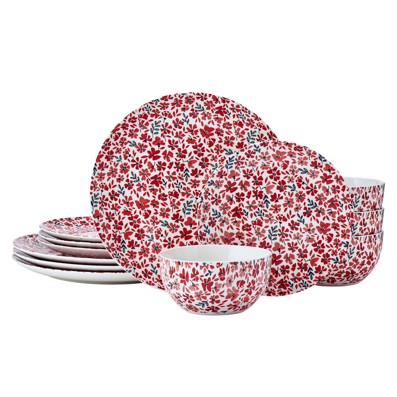 Pfaltzgraff Radiant Blossom 12-Piece Dinnerware Set, Service For 4, Floral 1, Red