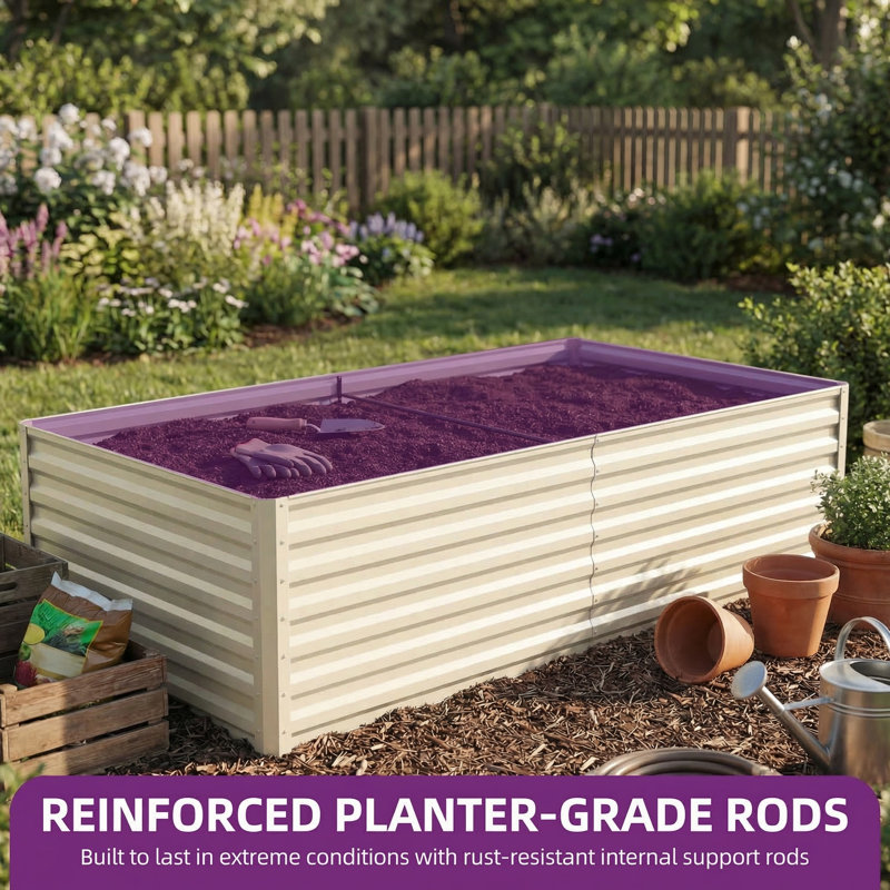 Galvanized Raised Garden Bed With Gloves, Cream, 24" H x 72" W x 36" D
