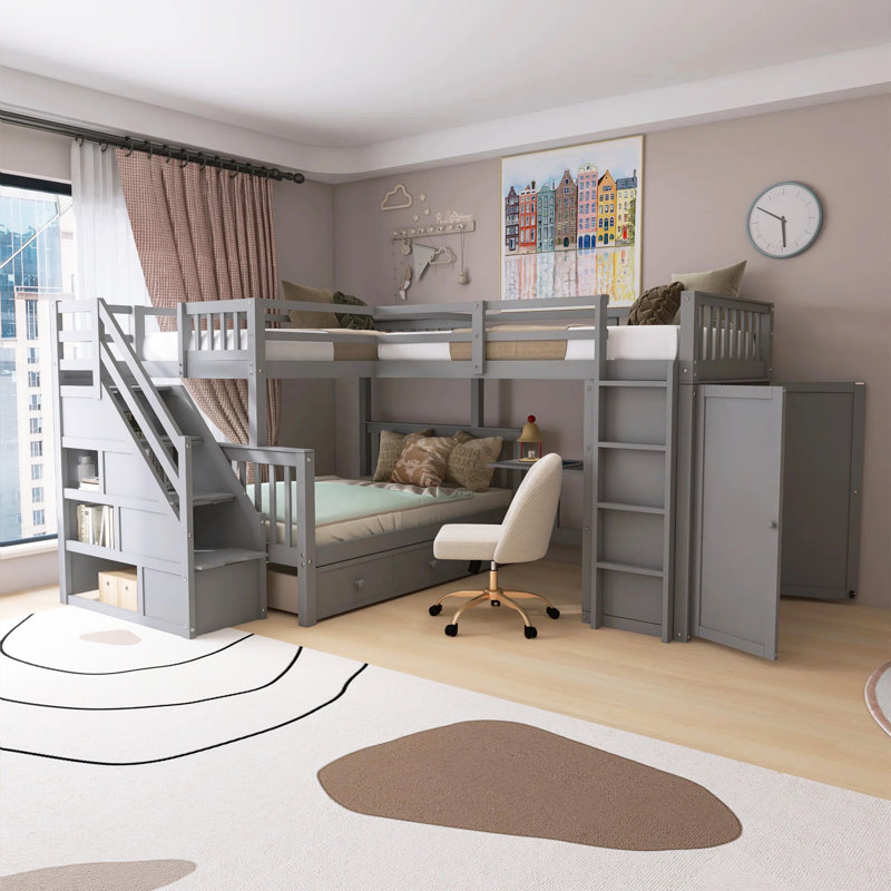 118'' Solid Wood Twin-Twin Over Full L-Shaped Bunk Bed With 3 Drawers, Portable Desk And Wardrobe, Gray