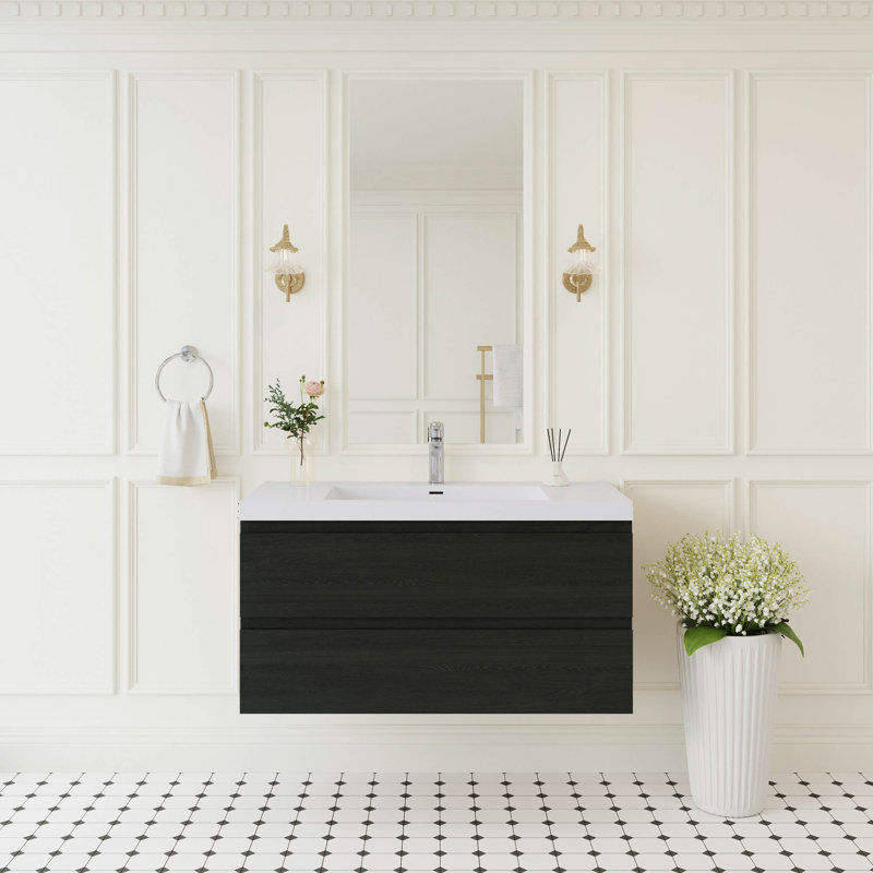 Meuble-lavabo flottant 42 po avec lavabo, meuble de rangement mural avec lavabo à surface solide et tiroirs à fermeture en douceur entièrement assemblés