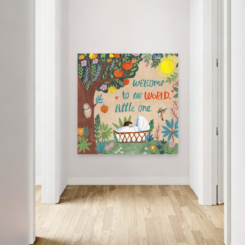 Bienvenue dans le monde ! Affiche murale abstraite et contemporaine représentant un pommier, un papillon, un oiseau et une forêt, avec une nature préservée.