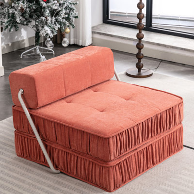 Canapé-lit convertible pliable orange pour salon, bureau ou petit espace. Coussin de dossier amovible, revêtement doux en chenille, rembourrage en mousse haute densité, sommier à ressorts. Structure et tissu inclus.