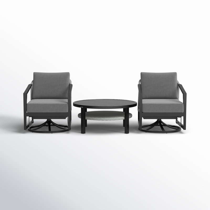 Ensemble de conversation d'extérieur pivotant 3 pièces Abalone en aluminium noir avec osier gris et coussins