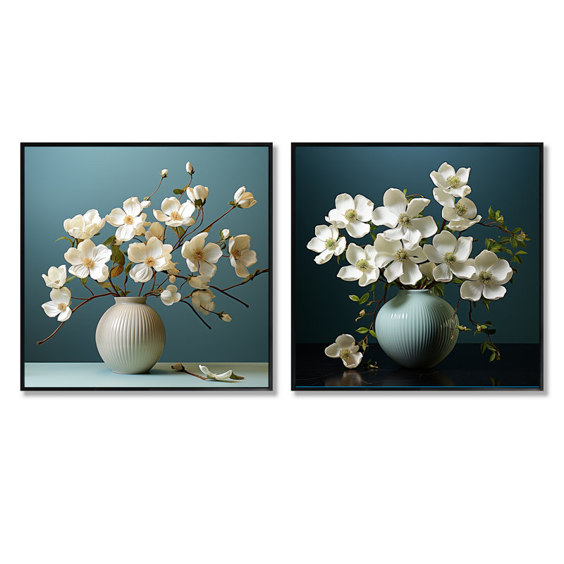 Cornouiller Blooming Elegance - ensemble de 2 collages carrés Dogwood, Cadre flottant noir, H 36 po x l 73 po