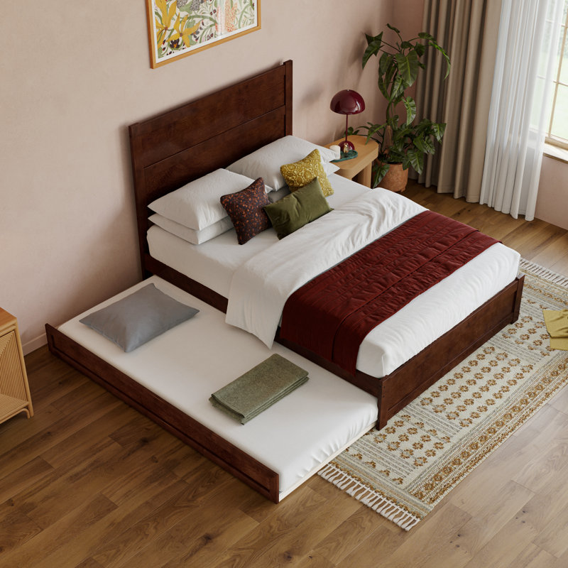 Lit plateforme en bois avec pied de lit et gigogne Aveline, Lit double, Noyer