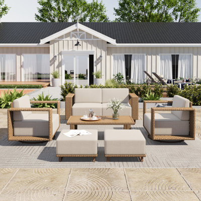6 - Person Outdoor Wicker Patio Conversation Furniture Set With Table,Swivel Chairs And Ottomans