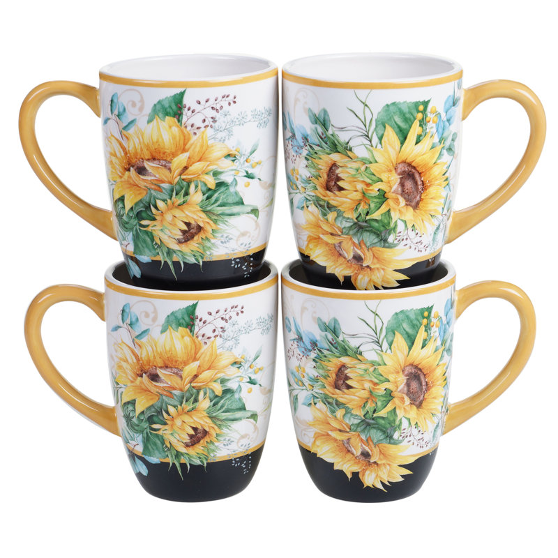 Sunflower Fields Ceramic 18oz Black and Yellow Mugs Set