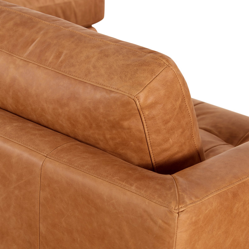 Canapé modulaire à grain complet véritable 114 po Street, Cuir véritable brun clair cognac, Noyer, Orienté à droite