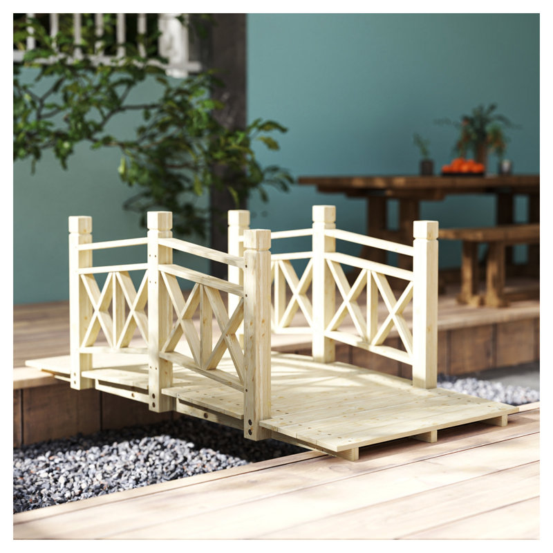 Outsunny 5 ft. Wooden Garden Bridge with Safety Rails for Backyard Ponds and Streams, Natural Wood Finish