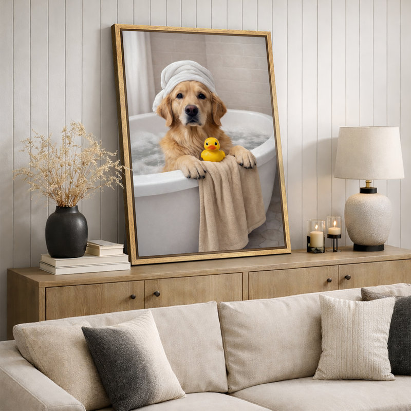 Mignon Golden Retriever Bath Time Duck, impression sur toile, impression sur toile encadrée, H 24 po x l 16 po x P 1,5 po