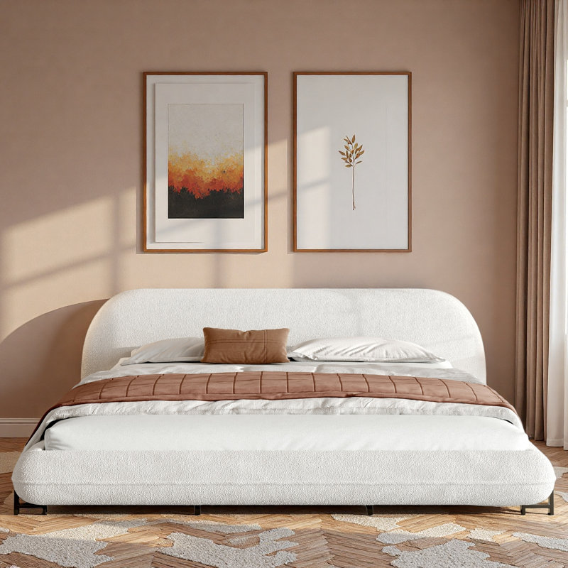 Lit rembourré en tissu avec tête de lit épaisse et pieds en acier Boucle, Très grand lit