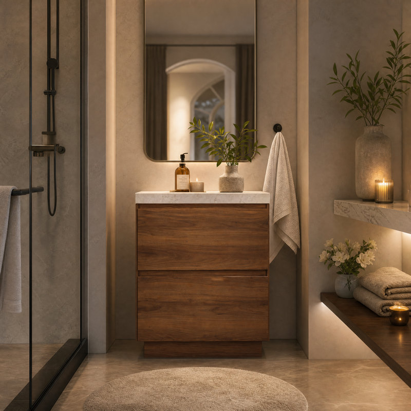 Base de meuble-lavabo 24 po avec tiroirs doubles, armoire de rangement autoportante, bois d'ingénierie au fini brun pour petite salle de bain