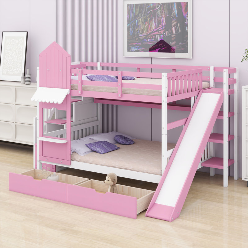 Lit superposé de style château avec tiroirs, tablettes et glissoire, Pink
