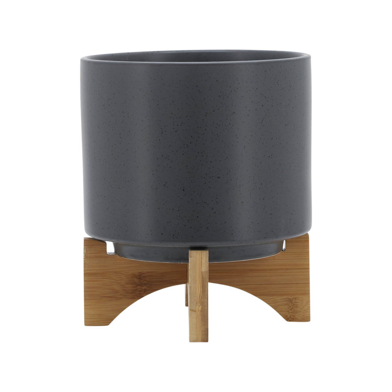 8" Planter W/ Wood Stand, Matte Gray, 9.04" H x 8.04" W x 8.04" D