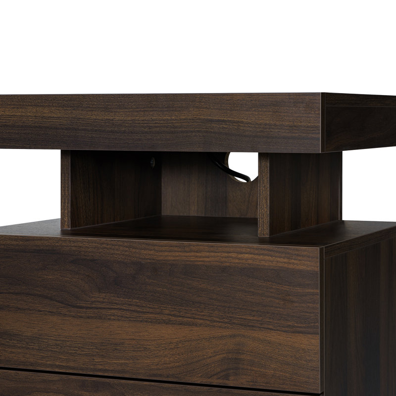 Brenard Manufactured Wood Nightstand with Wireless Charging Station, LED Light and 2 Drawers, Walnut
