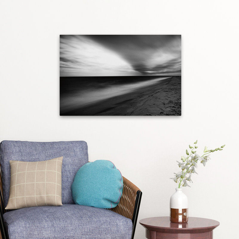 Bord de la terre côtière noir noir et blanc plage blanche nuage, H 24 po x l 16 po