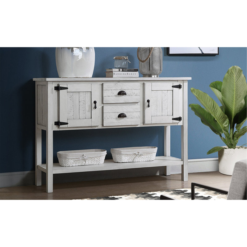 Console de rangement en bois avec 2 tiroirs, armoires et tablette inférieure, Blanc antique