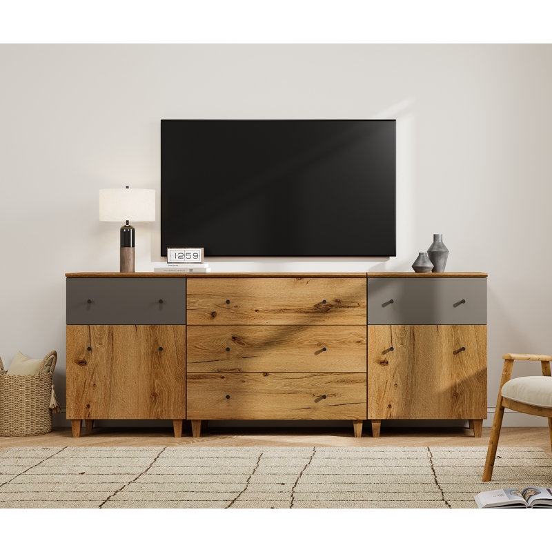 3-In-1 Wooden TV Stand With Cabinets And Drawers For Tvs Up To 85+ Inches, 82.6", Oak Wood