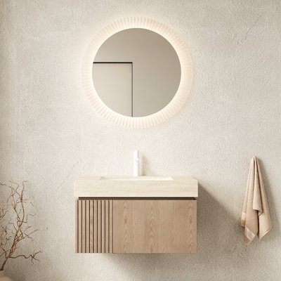 Meuble-lavabo de 30 po, armoire en contreplaqué flottant, pierre frittée, cuve en céramique, trou de robinet pré-percé, clapet à fermeture en douceur, poids de 83,7 lb, meuble-lavabo de 19,06 po avec comptoir en pierre, tiroir, porte,