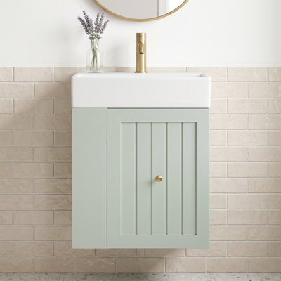 20 Inch White Ceramic Integrated Basin Wall Mounted Bathroom Vanity with Green MDF Cabinet,1 Drawer with Smooth Drawer Slides,Side Open Adjustable 2-Tier Storage,Golden Handle,No Faucet,Single-Hole,Green