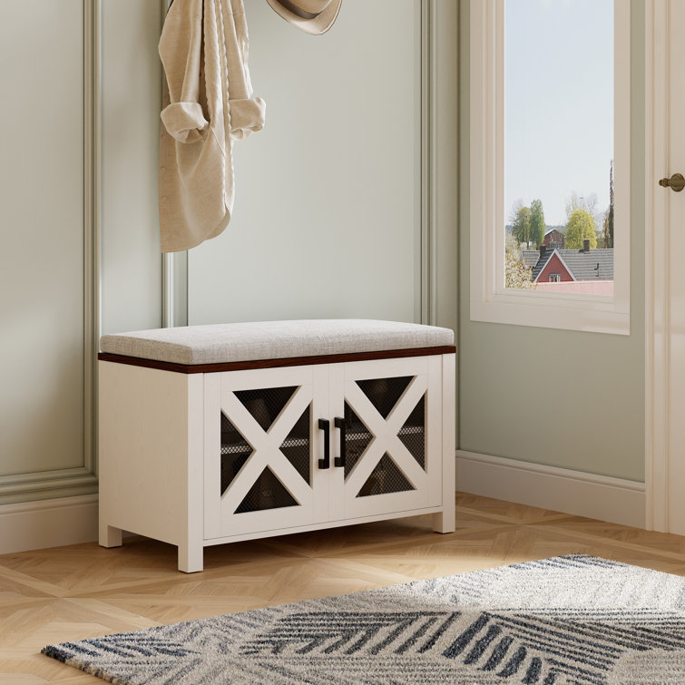 Farmhouse 27.5"x13.8" Small Shoe Storage Bench with Cushion, Wood Entryway Bench with Adjustable Shelves & Hidden Storage for Small Spaces, Hallway, or Mudroom