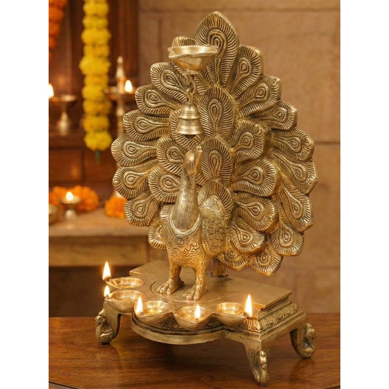 14" Superfine Brass Peacock Oil Lamp with Hanging Bell – 6-Wick Traditional "Dancing Mayura" Diya – Handcrafted Temple Décor