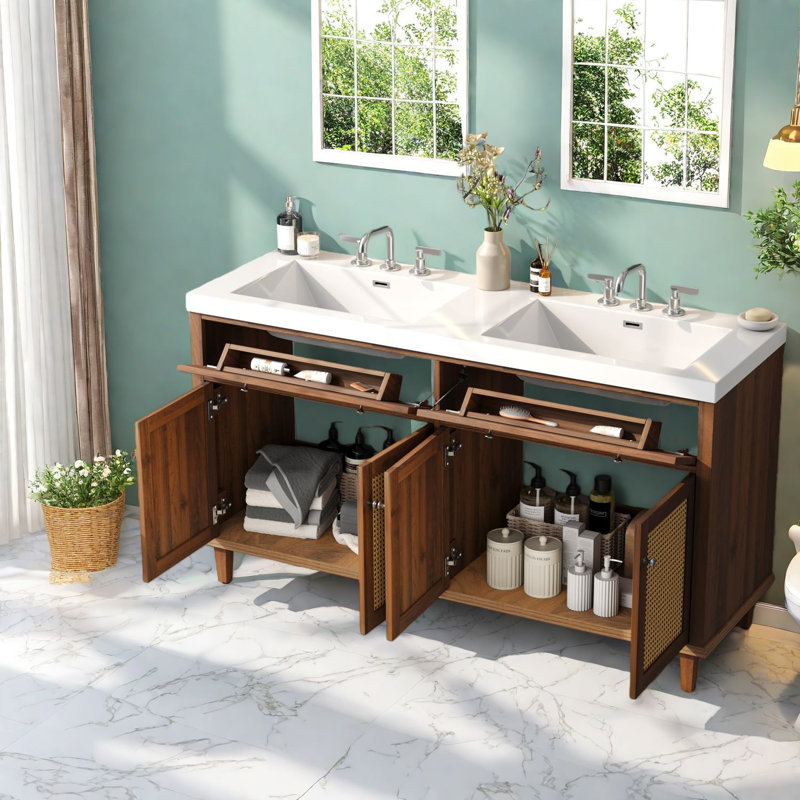 Armoire de meuble-lavabo moderne double avec rangement, bois massif et bois aggloméré, pour salle de bain familiale