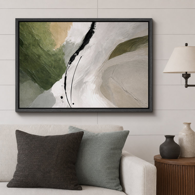 Abstrait vert beige, composition minimale, photos de salon contemporain, impression sur toile encadrée, Cadre noir