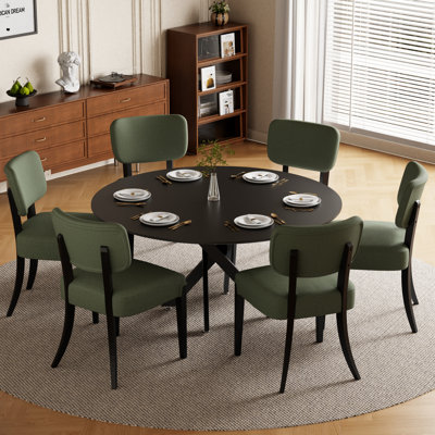 35.4"/47" Round MDF Dining Table With Industrial Metal Cross Base & Modern Armless Upholstered Dining Chair Set, Seats 4-6 For Kitchen Apartment Breakfast Nook