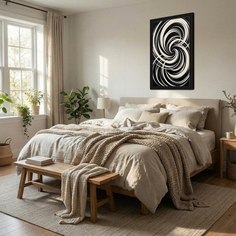Reproduction d'art abstrait en spirale noir et blanc, H 18 po x l 12 po