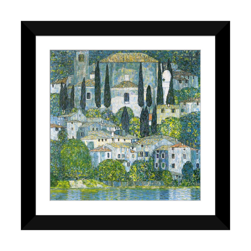 " Kirche In Cassone " by Gustav Klimt, Black Framed Paper, White, 24" H x 24" W x 1" D