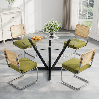 Table de salle à manger de luxe ronde en verre 45,27 po en acier inoxydable avec chaises en velours et rotin