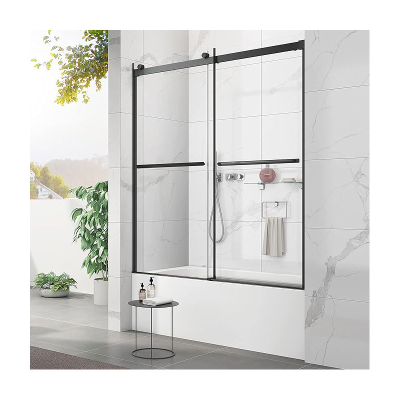 58 7/8" W x 60" H Double Sliding Semi- Frameless Shower Door with 5/16"(8mm) Clear Tempered Glass, Black