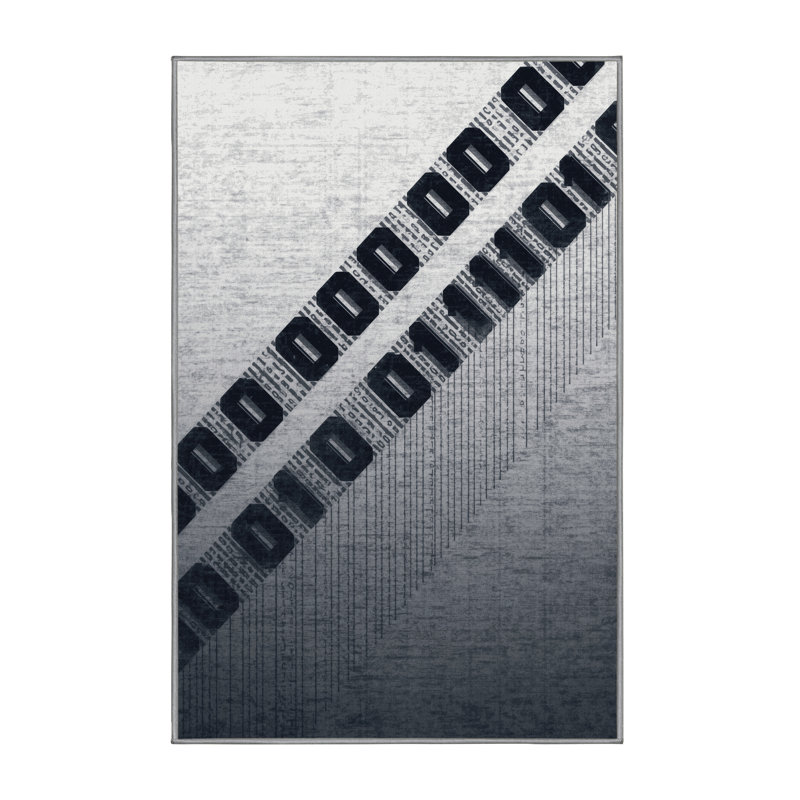 Tapis gris géométrique lavable à la machine à motif de code binaire oscar - reliure grise, 8 x 10