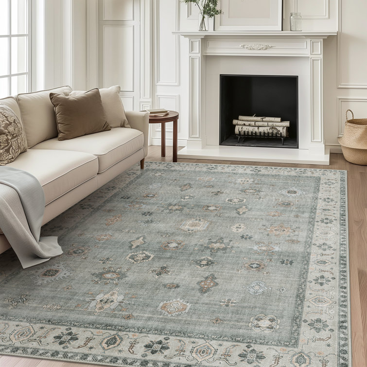 Oriental Neutral Gray / Green Washable Anti-Slip Indoor Rug