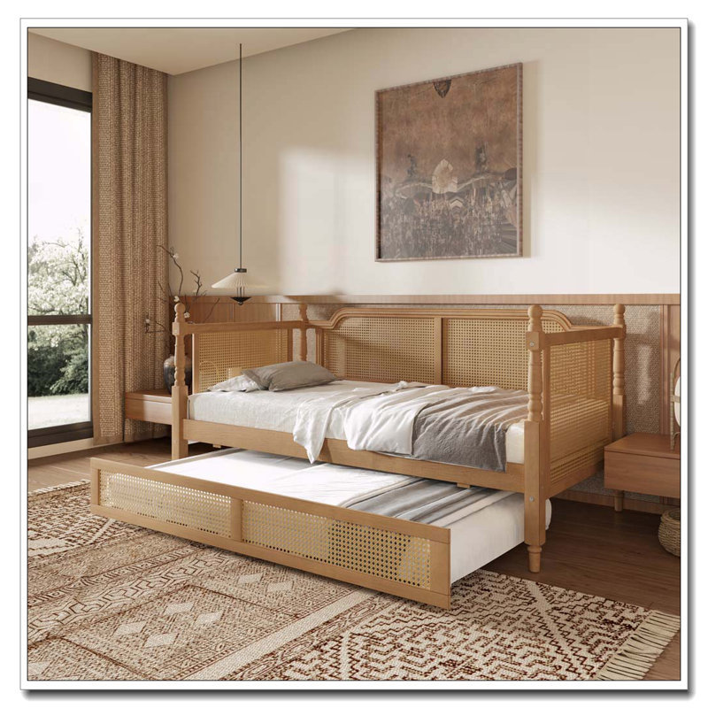 Lit de jour en rotin de style traditionnel avec lit gigogne double pour un espace limité, chambre d'amis, aucun sommier nécessaire, noyer antique