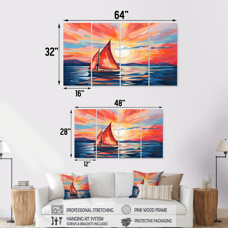 Coucher de soleil sur le bateau II - Bateau, ensemble de 4 décorations murales, H 32 po x l 64 po