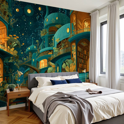 Peel and Stick Wallpaper Floating Fantasy Library Glowing Magical Books Wall Murals 100"H x 144"W Removable PVC Wall Paper Self-Adhesive Wall Decor for Bedroom Living Room Dorm Classroom Reading Corner