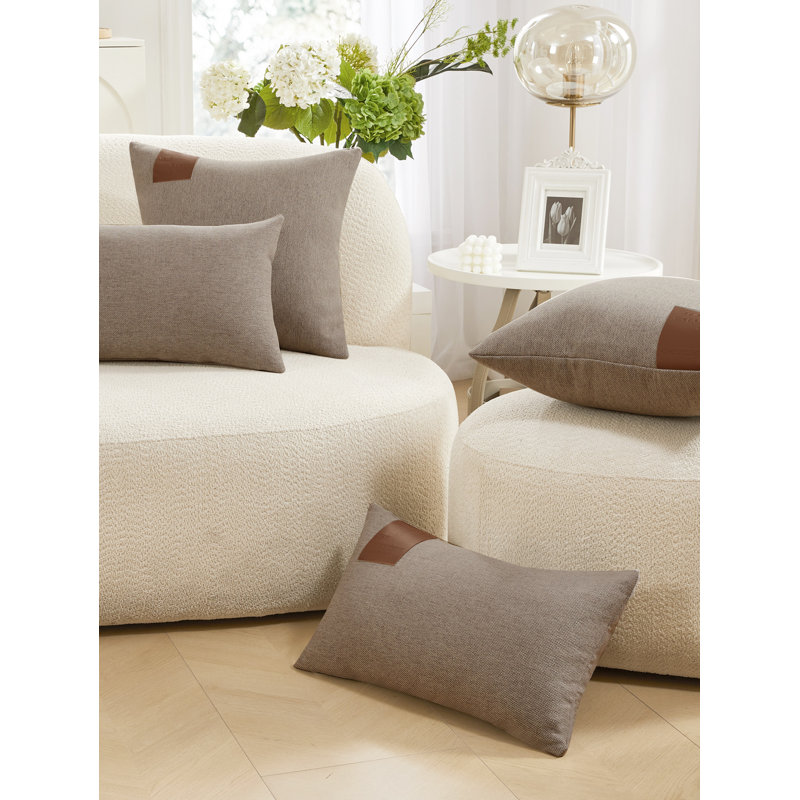 Decorative Solid Pillow Covers with Leather Label (Set of 2), 18"H x 18"W, Cream White