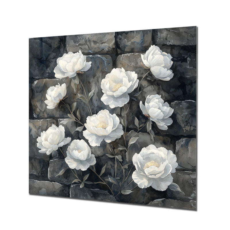 Pivoines monochromes sur le rocher I - impression de pivoines sur métal, H 36 po x l 36 po