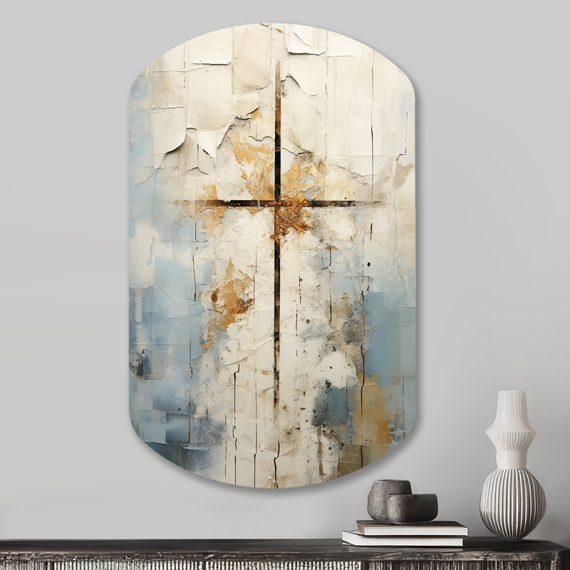 «Beige Christianity Cross Of Jesus II», art mural asymétrique en métal Christianity, H 31 po x l 19 po