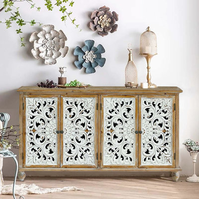 Accent Cabinet With 4 Doors, Farmhouse Sideboard Buffet Cabinet With Storage, Modern Credenza Storage Cabinet With Wood Carved Floral Doors For Living Room, Dining Room, Entryway, Hallway, Kitchen