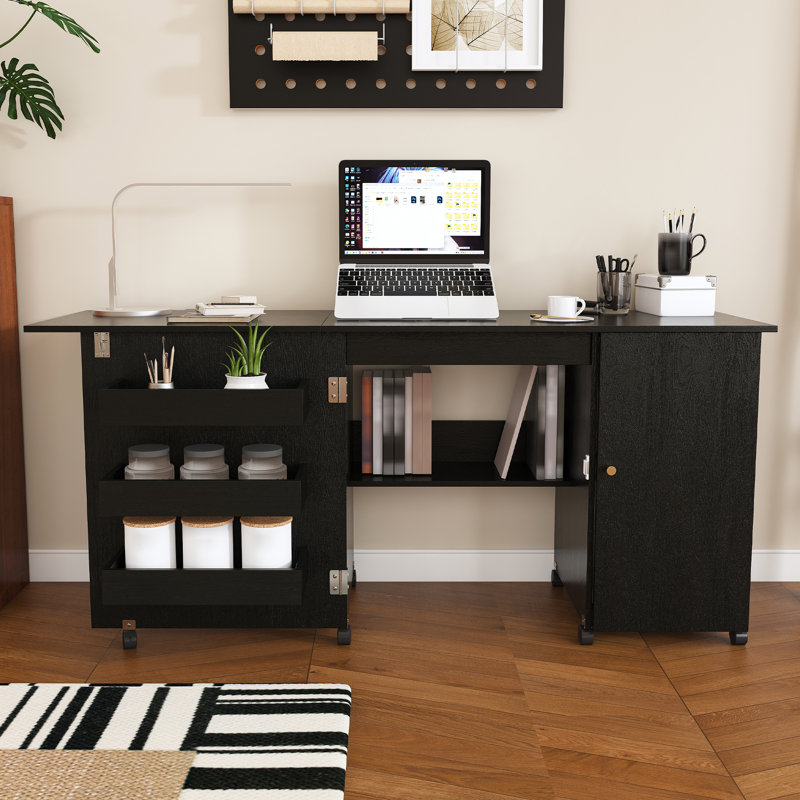 Table de couture pliante moderne de 57,5 po, grande station de travail avec armoire de rangement et tablettes, armoire de couture robuste pour bureau à domicile, noyer
