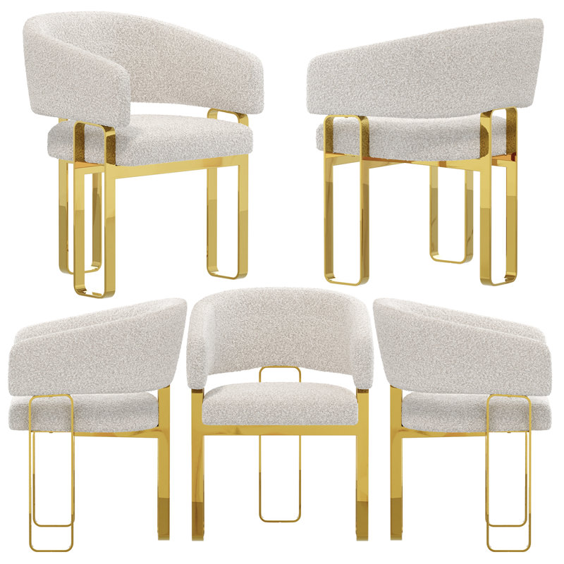 Ensemble de 5 chaises de salle à manger Glam and Luxurious White Boucle rembourrées avec pieds en or poli et accoudoirs, Doré