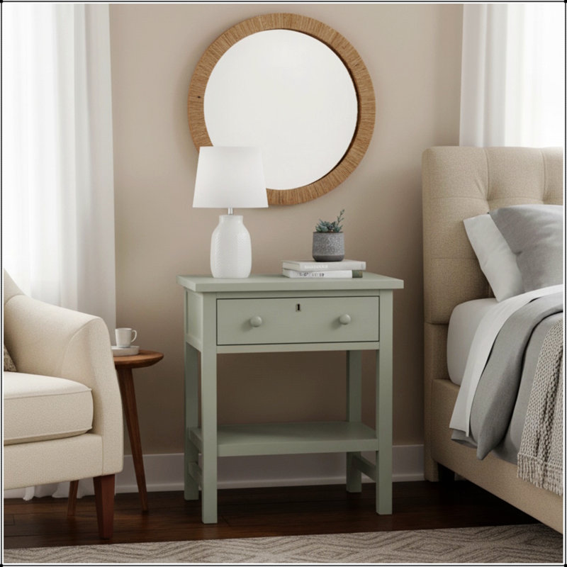 Table de chevet à 1 tiroir avec finition antique et faux-trou Finley, parfaite pour les chambres rustiques et traditionnelles.