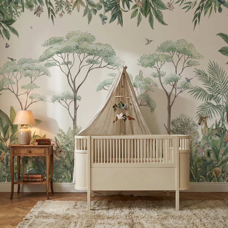 Papier peint rétro avec verdure et faune, L: 210 po x H: 120 po, Peler et coller