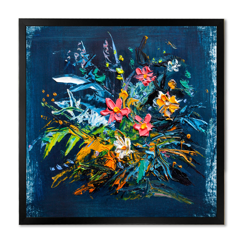 Bleu impressionniste et fleur verte - Peinture, Cadre photo noir, H 30 po x l 30 po x P 1 po