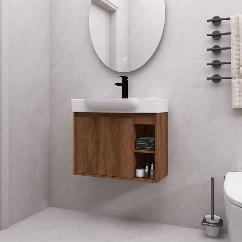 Meuble-lavabo mural 28 po avec lavabo en céramique blanche et porte à fermeture en douceur